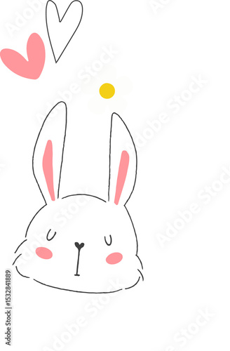 Fototapeta Naklejka Na Ścianę i Meble -  Rabbit head is floating on fluffy clouds featuring daisy hearts in flat art on transparent backdrop