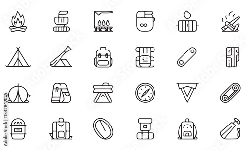 Camping Gear Vector Line Art Icon Set Black and White Illustrations of Outdoor Equipment for Hiking and Adventure Activities Including Tents Backpacks Campfires Cooking Stoves and Navigation