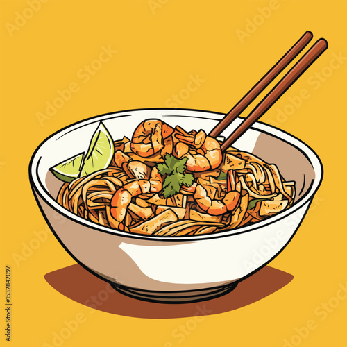 Stylized Pad Thai with Shrimp Lime and Chopsticks in a White Bowl