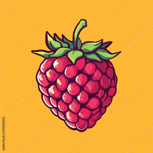 Stylized Raspberry with Bold Outlines and Vibrant Red Hue Featuring Green Stem and Leaves