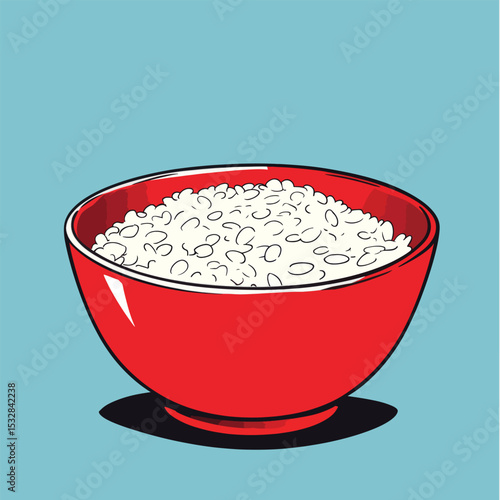 Stylized Red Bowl Filled with White Rice Outlined in Black