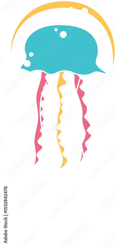 Obraz premium Floating vector jellyfish showing teal and yellow dotted dome, tentacles on transparent background
