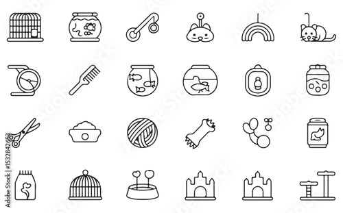 Vector Line Art Icon Set Featuring Pet Supplies and Accessories Including Bird Cages Fishbowls Cat Toys Grooming Tools Food and Water Bowls Scratching Posts and More Black and White Line