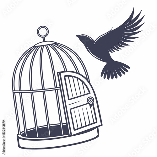 Bird flying out of an open birdcage with a free spirit  