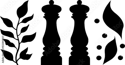 Culinary aesthetics with pepper grinder pair, leaf, and peppercorn swirl design