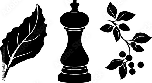 Culinary elegance with pepper grinder, peppercorn swirl, and leaf elements for kitchen decor
