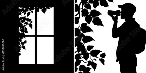 Photographer silhouette with camera in nature setting for creative design