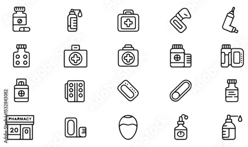 Vector Line Art Icon Set Pharmacy Medical Supplies Pills Capsules Bottles Blister Packs First Aid Kit Inhaler Spray Syringe Pharmacy Building Healthcare Treatment Medication Drugstore
