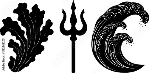Mythological themes with poseidon silhouette, trident, and ocean wave motifs for nautical design
