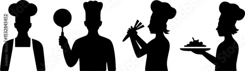 Chef Silhouettes Cooking Holding Pan Carrot Plate Kitchen Staff