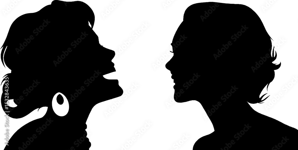 Silhouette profiles of laughing women with flowing earrings Silhouette profiles of laughing women with flowing earrings