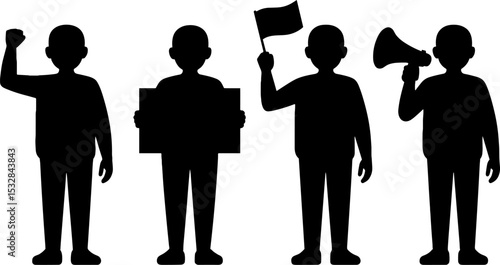 Protesters Silhouette Raised Fist Sign Flag Megaphone Activism Concept