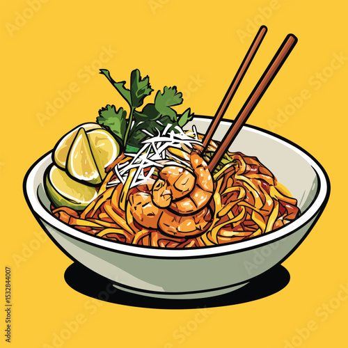 Vibrant Illustration of a Delicious Shrimp Noodle Dish with Lime and Chopsticks