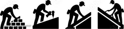 Construction Worker Building Brick Wall Using Hammer Nail Roof Work