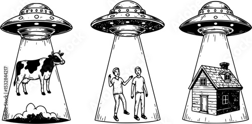 Alien abductions illustrations flying saucers capturing a cow, human, and house in vintage sci-fi style. Perfect for prints, stickers, t-shirts designs. Vector illustration.