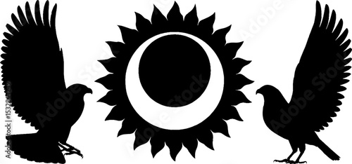 Ancient egyptian symbolism with sun disc and sacred scarab wings silhouette