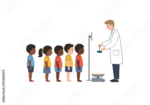 A doctor measures children's height and weight in a clinic. A clear, simple illustration depicts a queue of young children awaiting a medical checkup. Bright colors and a clean style.