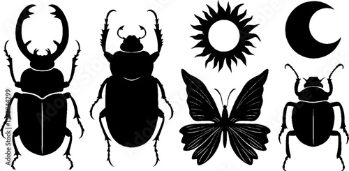 Ancient egyptian symbols and insect silhouettes featuring sun disc, scarab, and beetles