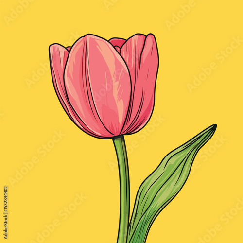 Vibrant Pink Tulip with Detailed Outlines and Green Leaf on Yellow Background