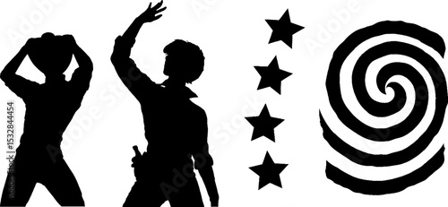 Circus ringmaster silhouettes with cane and star swirl for artistic design and decor