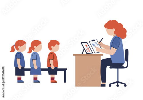 A healthcare professional examines children during a chart check. A warm, inviting scene with a focused teacher and attentive young patients. Clear composition and soft colors.