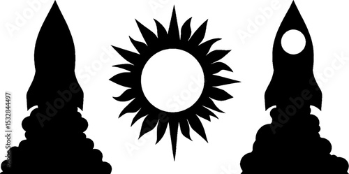 Rocket silhouettes with orbit line and moon for space exploration design