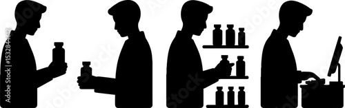 Pharmacy Worker Checking Medicine Bottle Shelves Cash Register