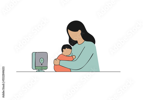 A mother lovingly monitors her sleeping baby with a connected monitor. Soft, pastel colors and a minimalist style create a comforting scene. Ideal for care, parenting, and technology themes.