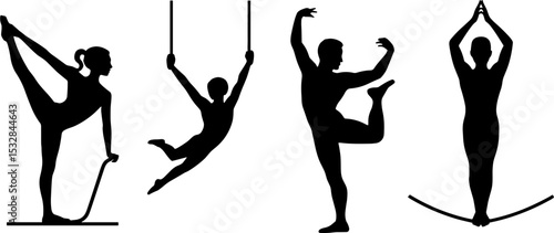 Gymnast Silhouettes Performing Acrobatics Pose Set
