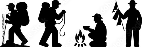 Hiker Camping Outdoor Adventure Silhouettes Set