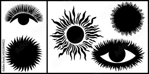 Mystical symbols: eye of providence, rune arc, and sunburst designs for esoteric art