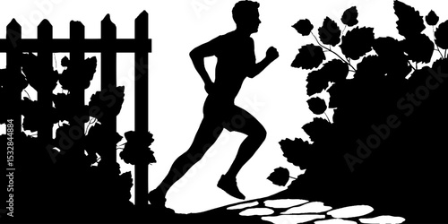 Runner silhouette at sunrise near an old gate surrounded by nature