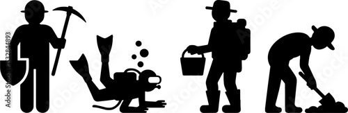 Mining Worker Silhouettes Prospecting Tools Digging Scuba Diver
