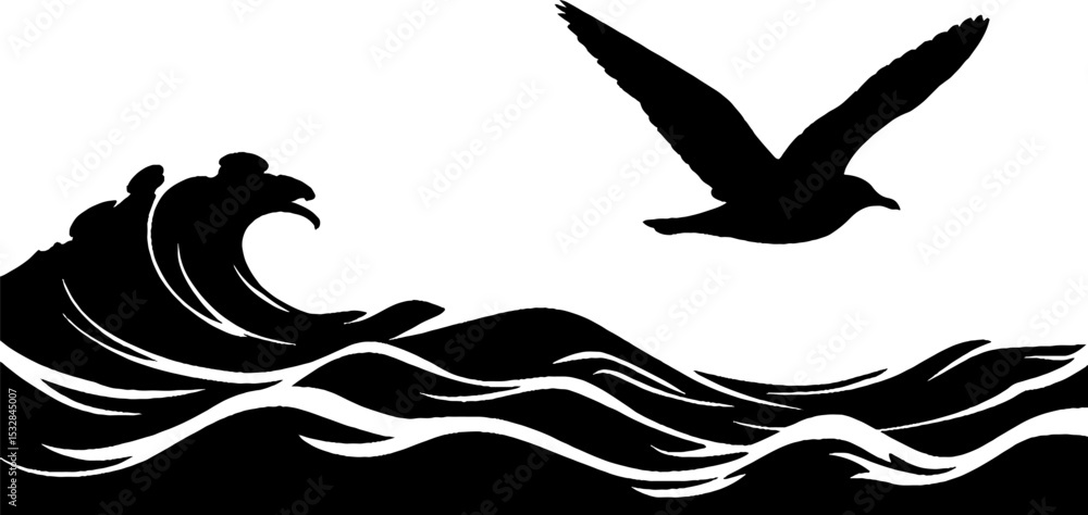 Obraz premium Ocean waves and soaring seagull silhouette design for nautical decor and prints