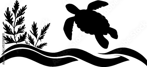 Artistic sea turtle silhouette with waves and seaweed design
