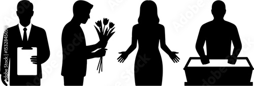 Silhouette People Businessman Woman Holding Flowers Voting Box