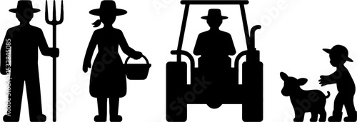 Farmers Family Tractor Child Calf Rural Agriculture Silhouettes