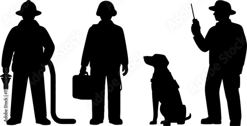 Firefighter Silhouettes With Dog Hose And Radio Emergency Rescue