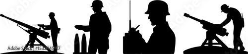 Military Soldier Silhouettes Operating Machine Gun Ammunition Communication