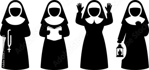 Silhouette Nuns Religious Sisters Praying Reading Lantern Holding