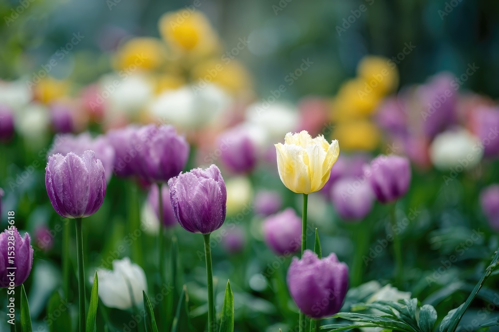 Fototapeta premium A single pale yellow tulip stands out amongst a field of predominantly purple and white tulips, all slightly dewy