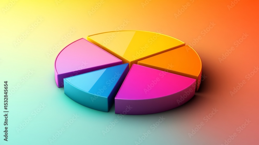 Fototapeta premium Colorful D pie chart with each segment slightly lifted, casting shadows on a gradient background for a clean and contemporary aesthetic