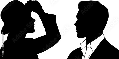 Elegant silhouettes of men with hat and defined jawline in profile view