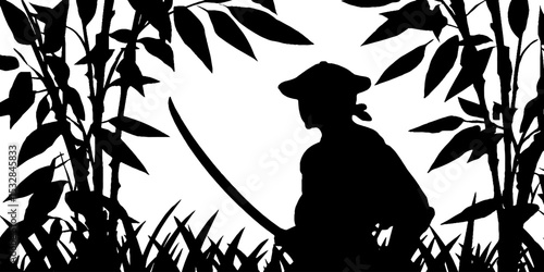 Samurai silhouette with katana in bamboo forest setting