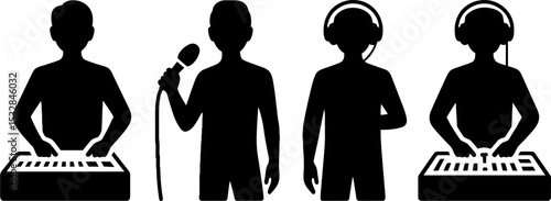 Music Band Silhouettes Keyboard Singer Headphone DJ Set