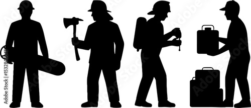 Silhouettes Worker Tools Labor Safety Helmet Construction Industry