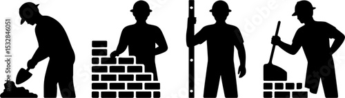 Construction Worker Silhouettes Bricklaying Tools Labor