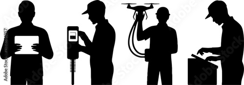 Silhouettes Technician Operating Electronic Device Drone Controller Workshop