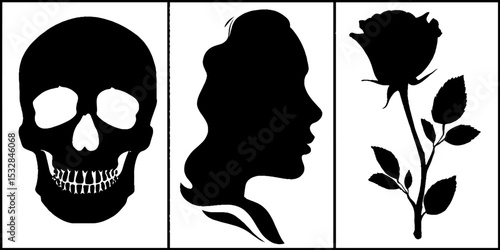 Artistic silhouette set: skull, female profile, and rose with hourglass theme for design and decoration