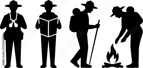Hiker silhouette with binoculars map walking stick and campfire camping activity